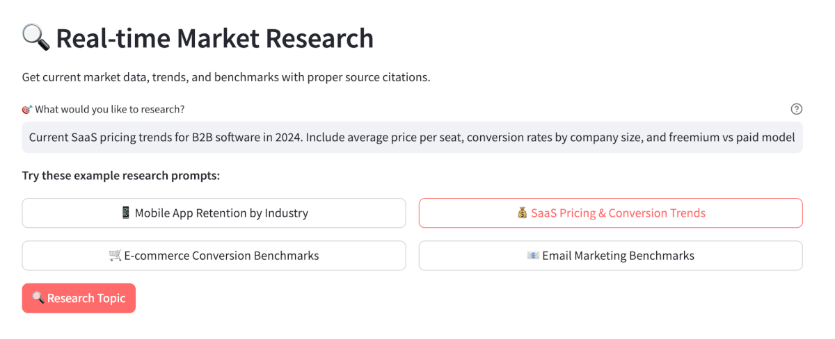 Market research interface with search input field asking "What would you like to research?" and a "Research Topic" button for accessing real-time industry data