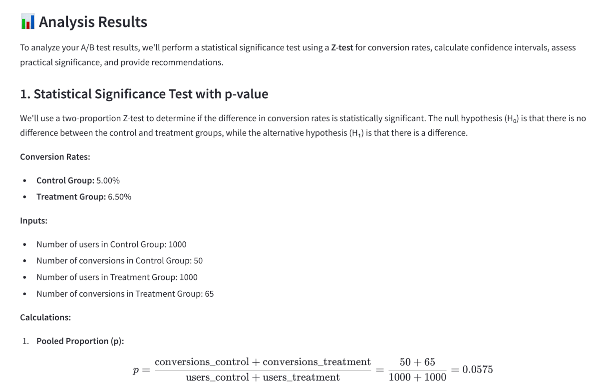 Statistical analysis results displaying conversion rates, Z-score of 2.0, p-value of 0.0455, and transparent JavaScript code showing the complete calculation process
