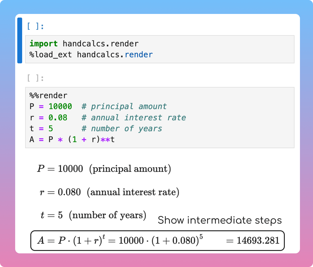 Code example: handcalcs: Generate LaTeX Step-by-Step Calculations from Python