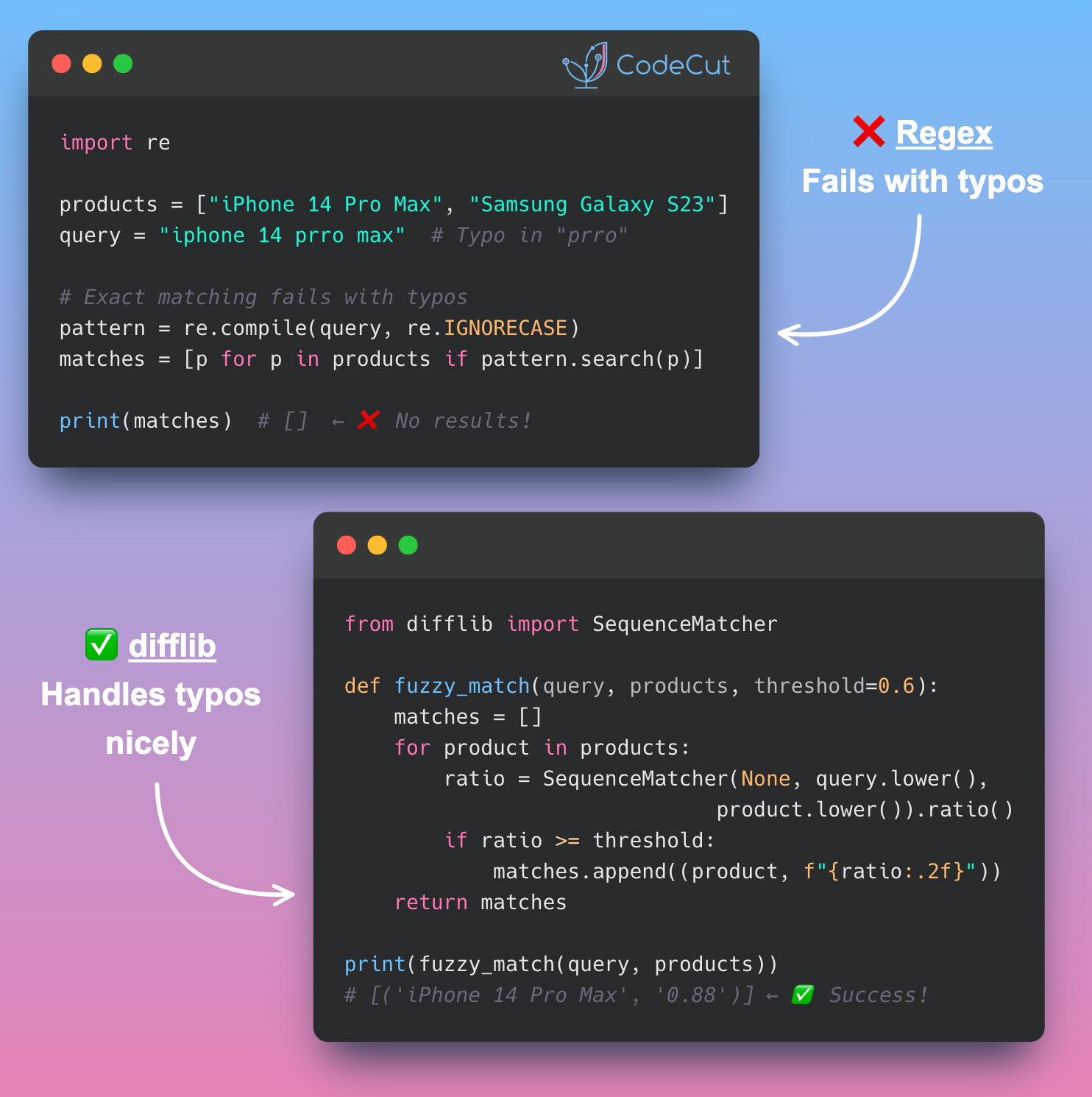 Code example: Build Fuzzy Text Matching with difflib Over regex