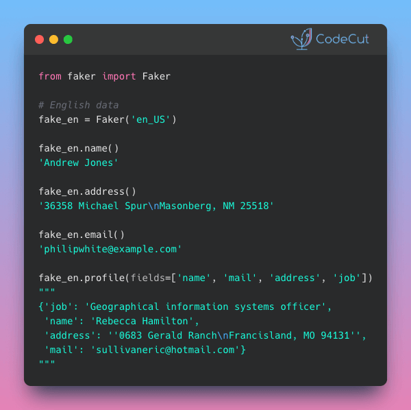 Code example: Faker: Generate Realistic Test Data with One Command