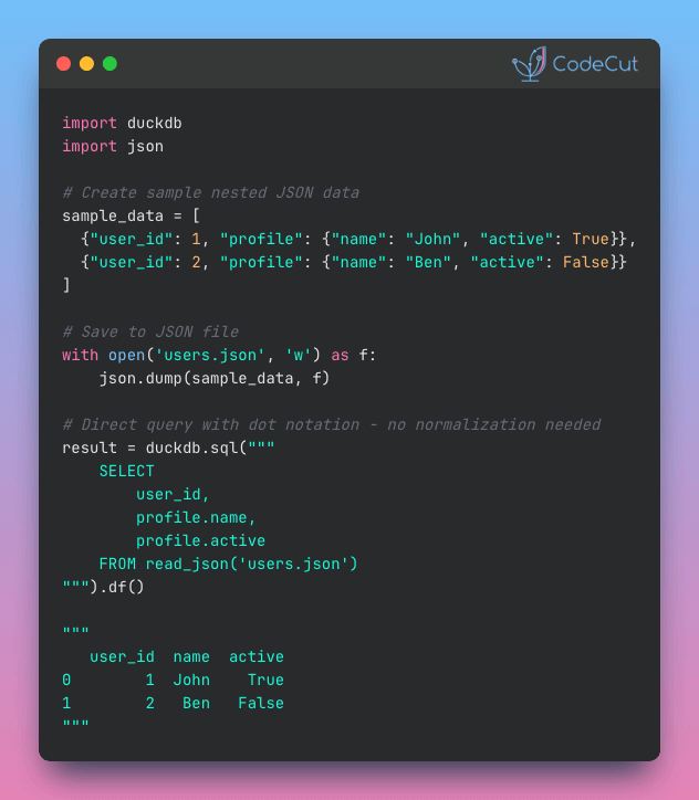 Code example: Query Nested JSON with DuckDB SQL Dot Notation