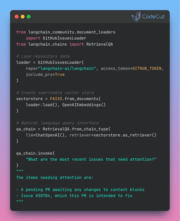 Code example: Query GitHub Issues with Natural Language Using LangChain