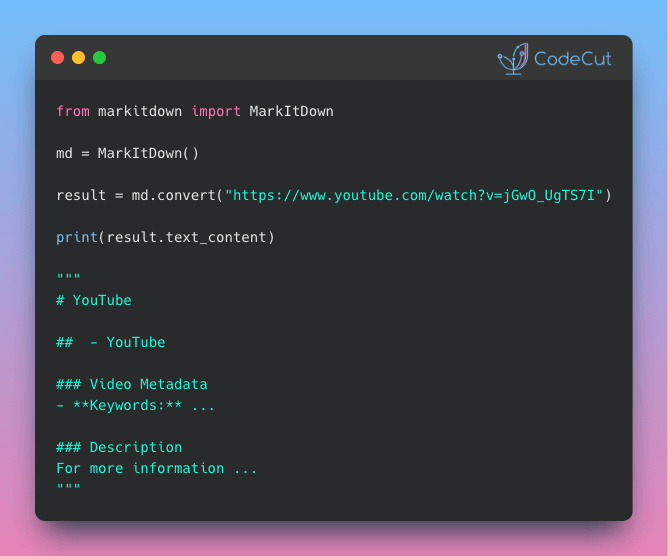 Code example: MarkItDown: YouTube Transcripts to Markdown in One Line