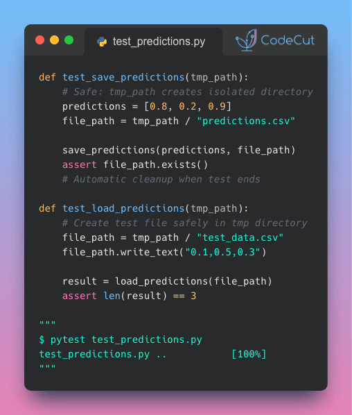 Code example: Test File Operations Without Risk Using tmp_path