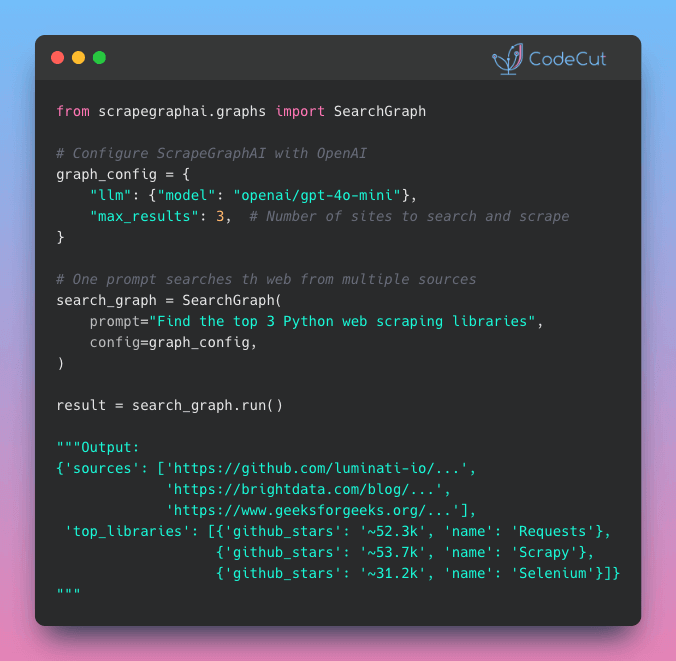 Code example: ScrapeGraphAI: Research Multiple Sites with One Prompt