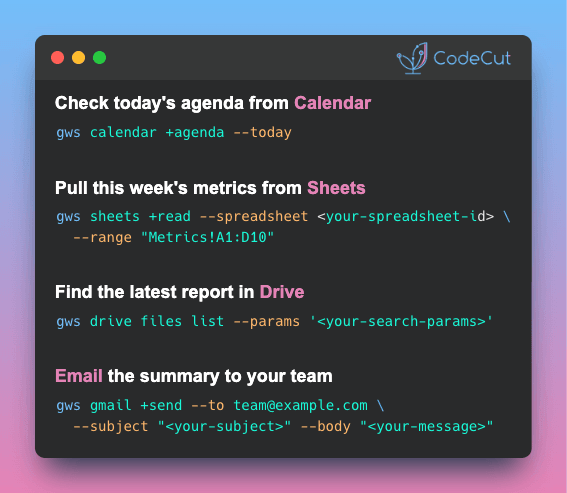 Code example: gws: One CLI for Drive, Gmail, Calendar, and Sheets
