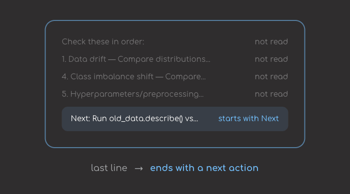 Lines from the plugin's answer to Prompt 1. Everything above the closing line is marked not read, and the boxed final line, which starts with Next, marks the answer as ending with a next action.