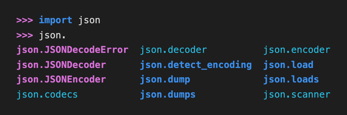 Python 3.15 REPL tab completion for json. showing classes like JSONDecoder in magenta, functions like json.load in blue, and submodules like json.decoder in cyan.